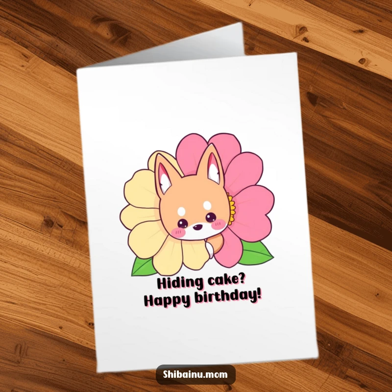 Funny Free Printable Birthday Card: Shibainu peeking from behind a colorful flower, a cute and downloadable birthday surprise.
