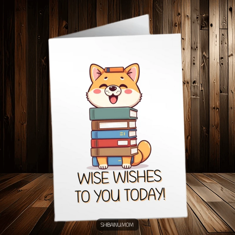 Funny Free Printable Proud Shiba Inu Birthday Card, a dog balancing books on its head, smart birthday wishes, printable dog card.