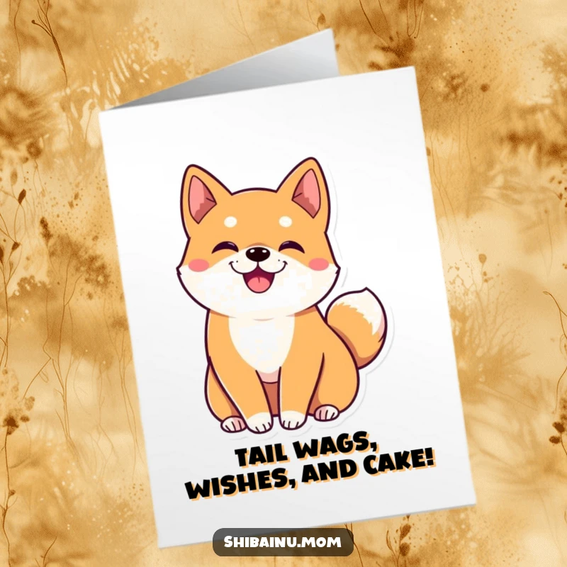 Funny free printable birthday card of a kawaii Shiba Inu with oversized ears, joyfully wagging its tail with excitement.
