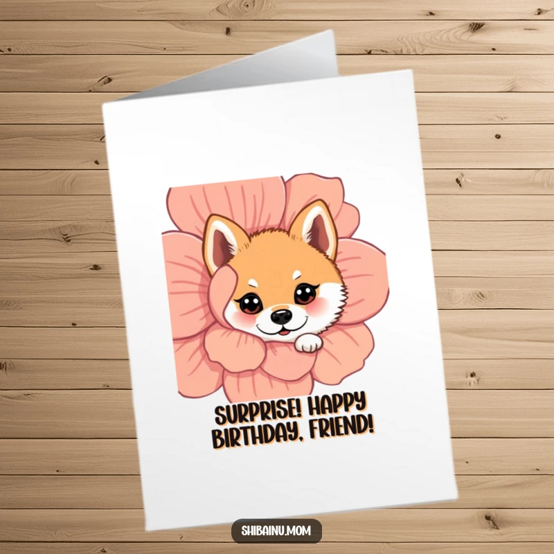Funny Free Printable Shiba Inu Birthday Card: A cute dog peeking from behind a flower with wide eyes, playing hide and seek.