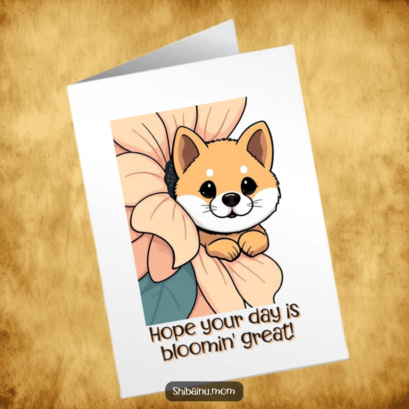 Free Printable Birthday Card: A shy Shiba Inu peeks with wide, curious eyes from behind a huge, colorful flower.
