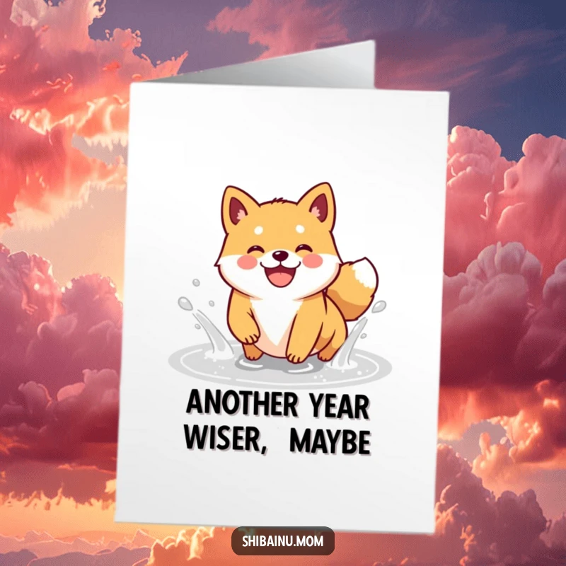 Funny Free Printable Birthday Card: Kawaii Shiba Inu joyfully splashing in a puddle, celebrating with a huge grin.