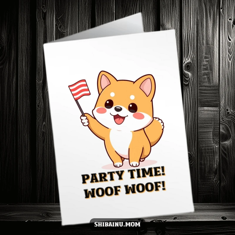 Funny Free Printable Birthday Card of a Shiba Inu energetically waving a small, striped flag with a joyful expression.