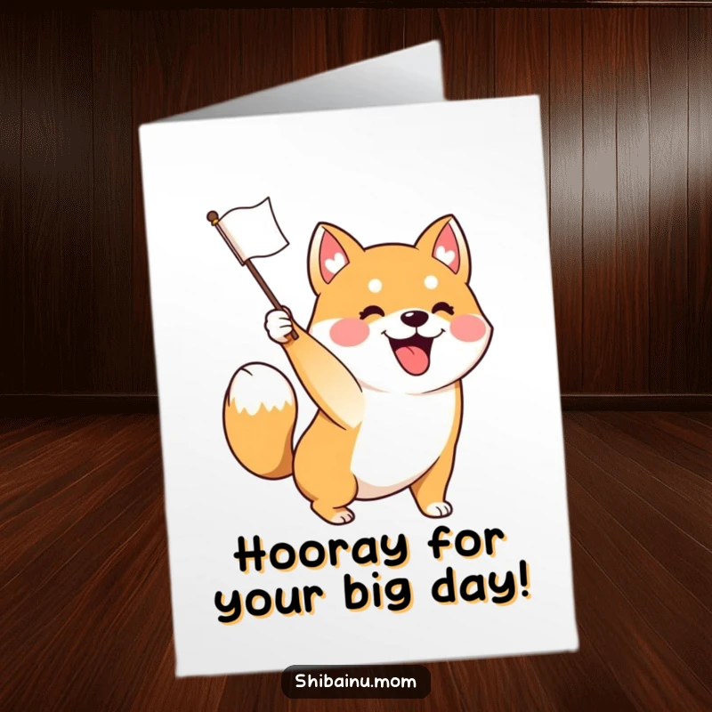 Funny Free Printable Birthday Card: Shiba Inu excitedly waving a tiny flag, tail wagging, perfect gift.