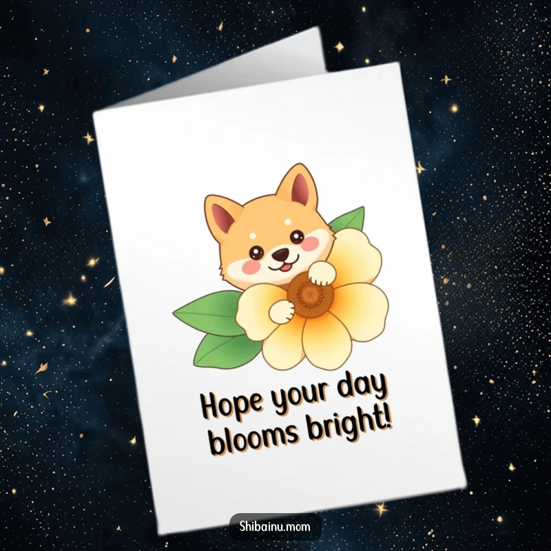 Funny free printable birthday card of a Shiba Inu character playfully peeking its head from behind a large, vibrant flower.