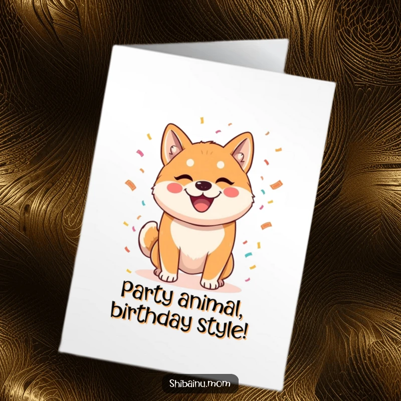 Funny Free Printable Birthday Card: A grinning Shiba Inu gleefully tossing confetti, ready to celebrate a special day.