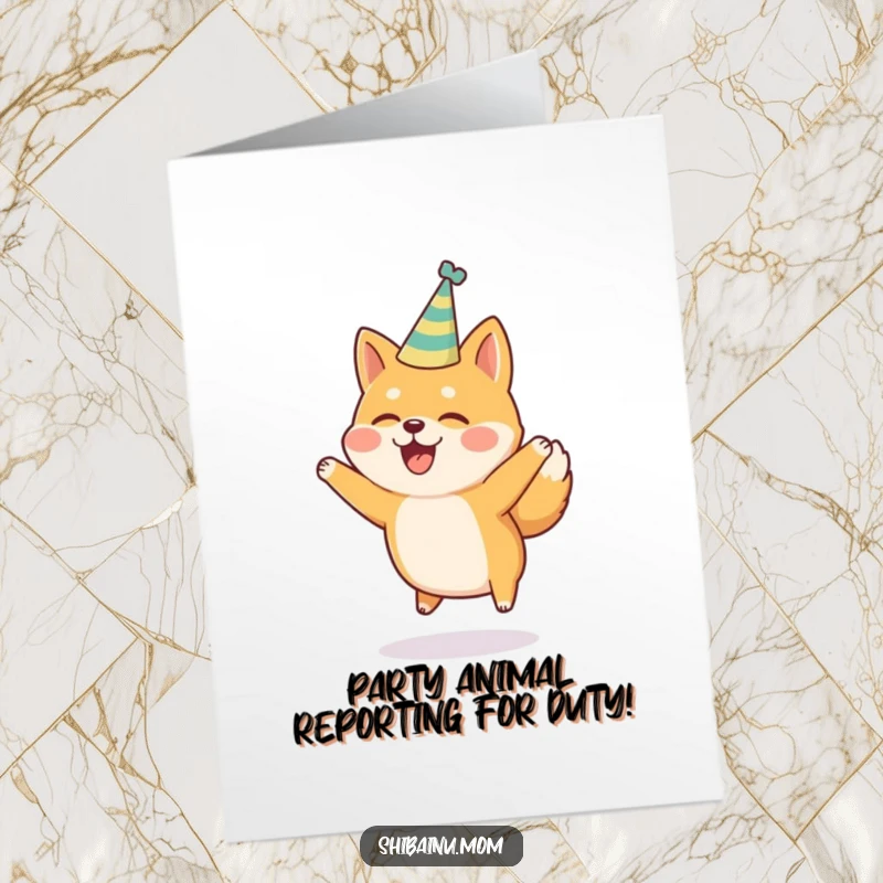 Free Printable Birthday Card: A Shiba Inu in a party hat leaps with pure joy, celebrating happily.