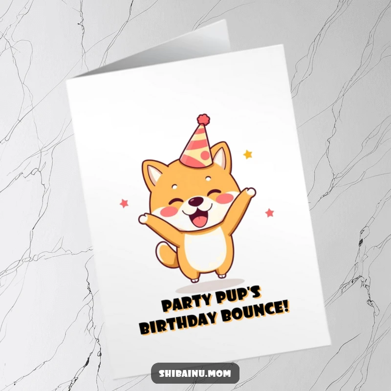 Funny Free Printable Birthday Card: Kawaii Shiba Inu in party hat, bouncing with excitement for a hilarious birthday bash.