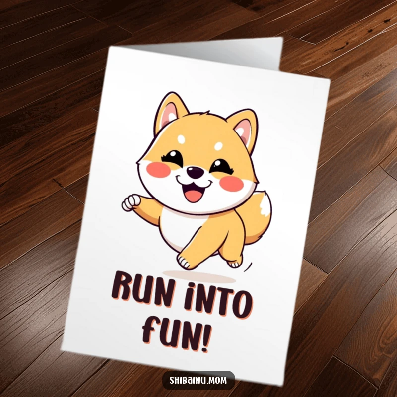 Funny Free Printable Birthday Card: Goofy Kawaii Shiba Inu running with exaggerated joy, celebrating a special day.