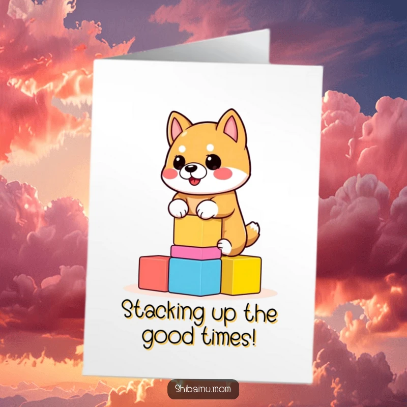 Funny Free Printable Shiba Inu Birthday Card: a dog precariously balancing colorful, wobbly blocks, celebrating a birthday.