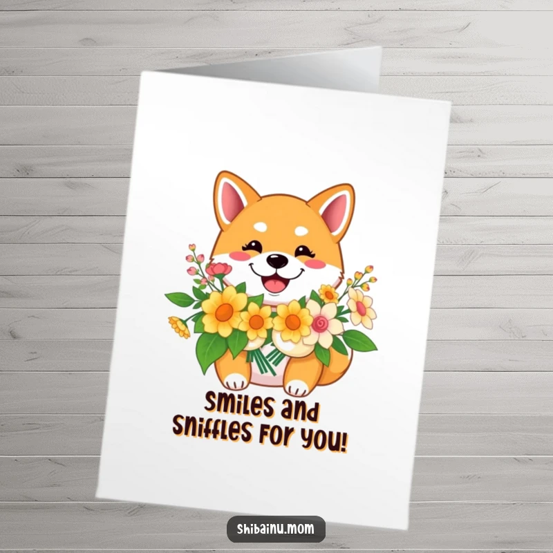 Funny Free Printable Birthday Card of a beaming Shiba Inu holding a vibrant bouquet of flowers, conveying pure joy.