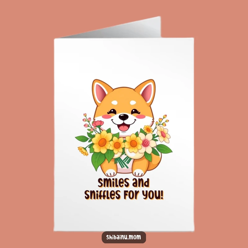 Free Printable Shiba Inu Birthday Card: Smiling Dog, Flower Gift, Downloadable Fun