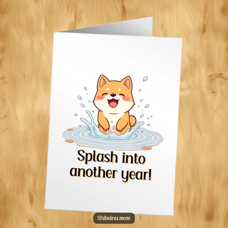 Funny Free Printable Birthday Card: Shiba Inu joyfully splashing in a puddle, water flying, fun gift.