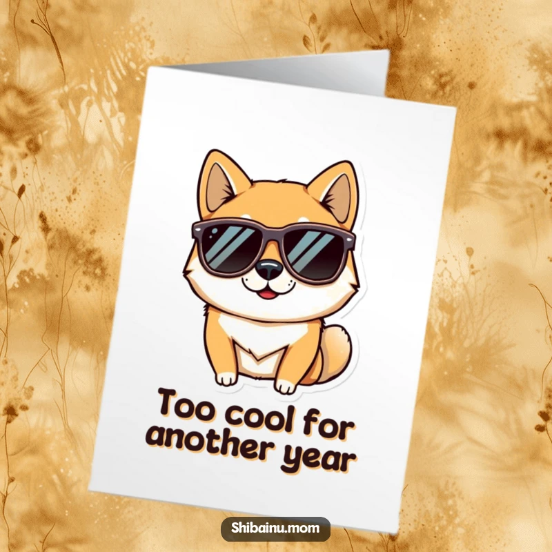 Funny Free Printable Birthday Card: Shiba Inu wearing oversized sunglasses, striking a cool pose, perfect gift.