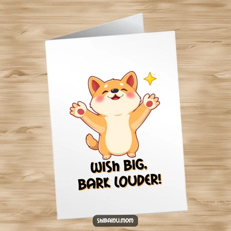 Funny free printable birthday card of a Shiba Inu with paws outstretched, eagerly trying to catch a falling star.