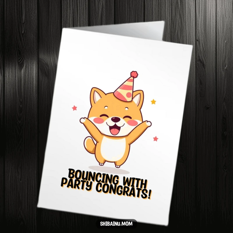 Funny Free Printable Congratulations Card: Kawaii Shiba Inu wearing a party hat, bouncing ecstatically to celebrate your success.