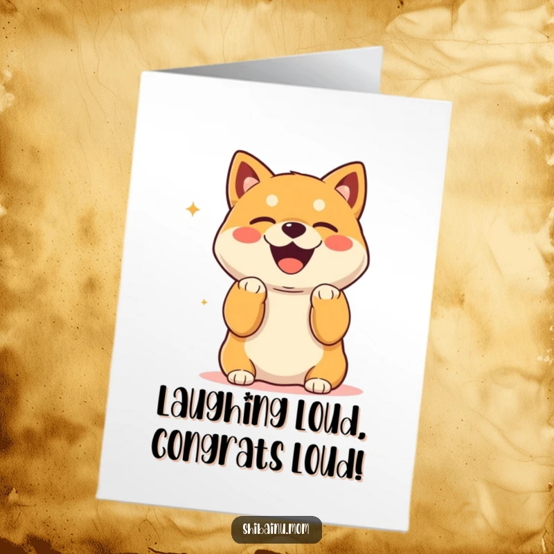 Funny Free Printable Congratulations Card: Kawaii Shiba Inu with paws up, laughing heartily, celebrating your amazing success.