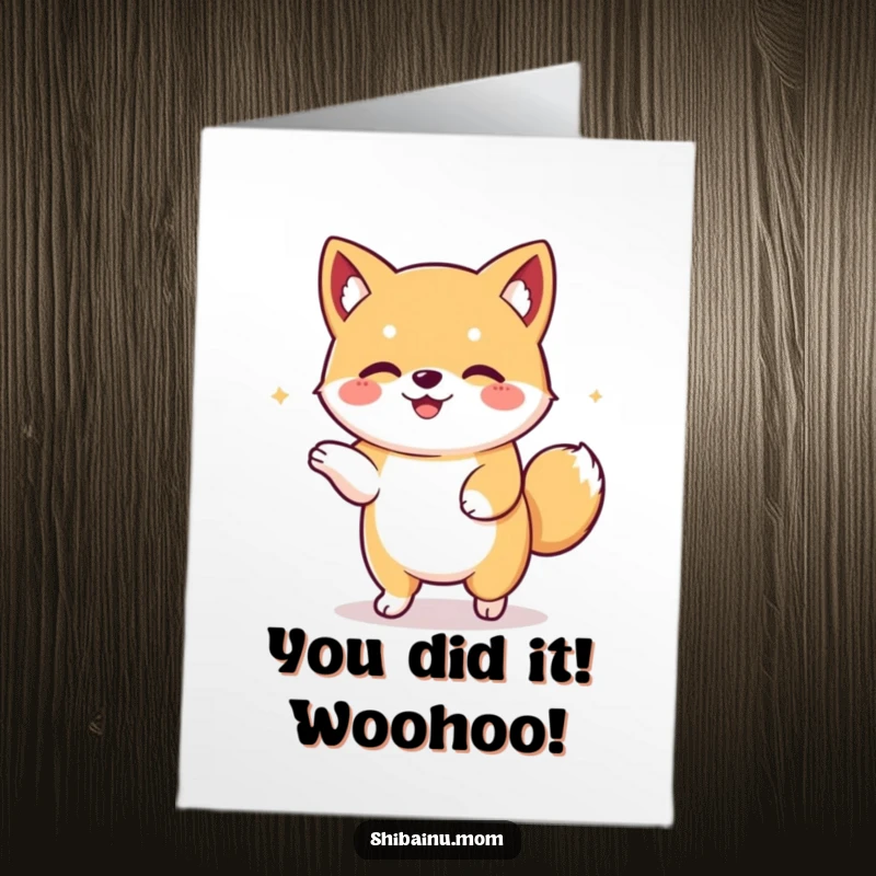Funny Free Printable Congratulations Card: Adorable Kawaii Shiba Inu with floppy ears performing a happy dance, celebrating success.