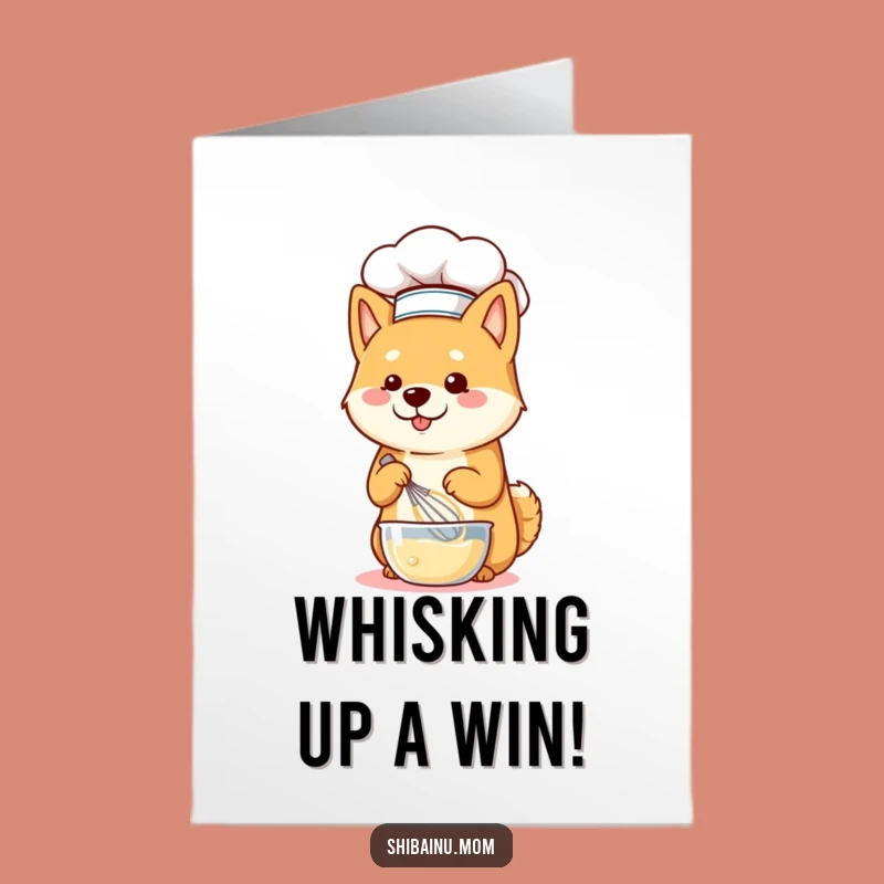 Free Printable Shiba Chef Congrats Card: Whisking Batter, Downloadable Celebration