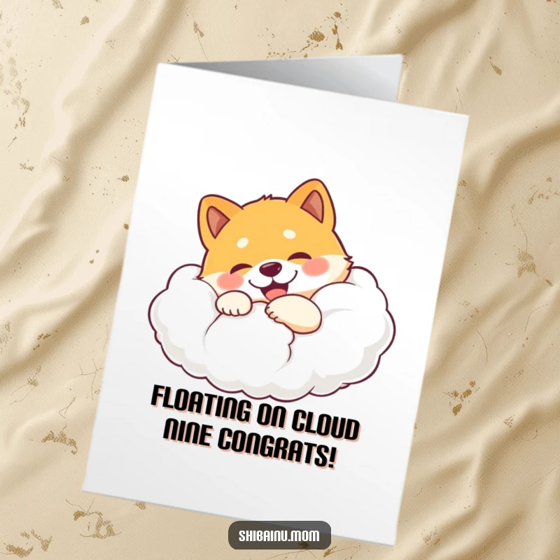 Funny Free Printable Congrats Card: Adorable Shiba Inu embracing a cloud with eyes closed in happiness.