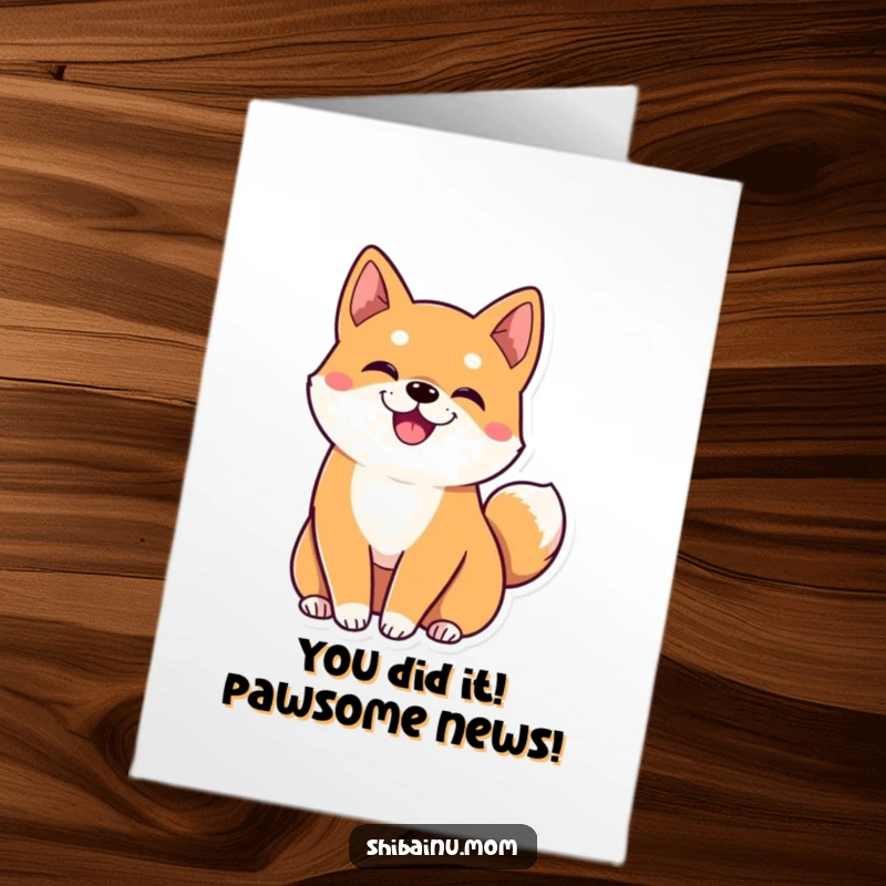Free printable congrats card featuring a kawaii Shiba Inu with large ears, excitedly wiggling its tail in celebration.