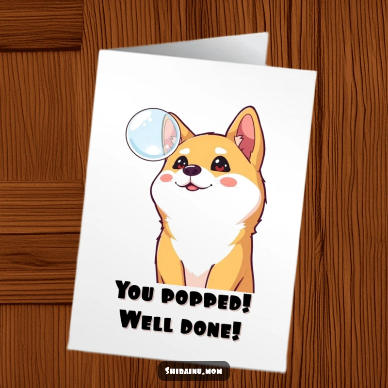 Funny Free Printable Congratulations Card with a curious Shiba Inu gazing up at a floating bubble, conveying wonder.