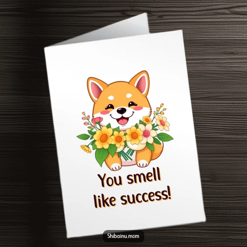 Funny Free Printable Congratulations Card: A cheerful Shiba Inu with a huge smile holds a beautiful bouquet of flowers.