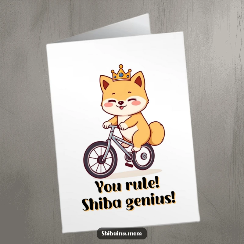 Funny Free Printable Congrats Card: A regal Shiba Inu winks while expertly riding a unicycle.