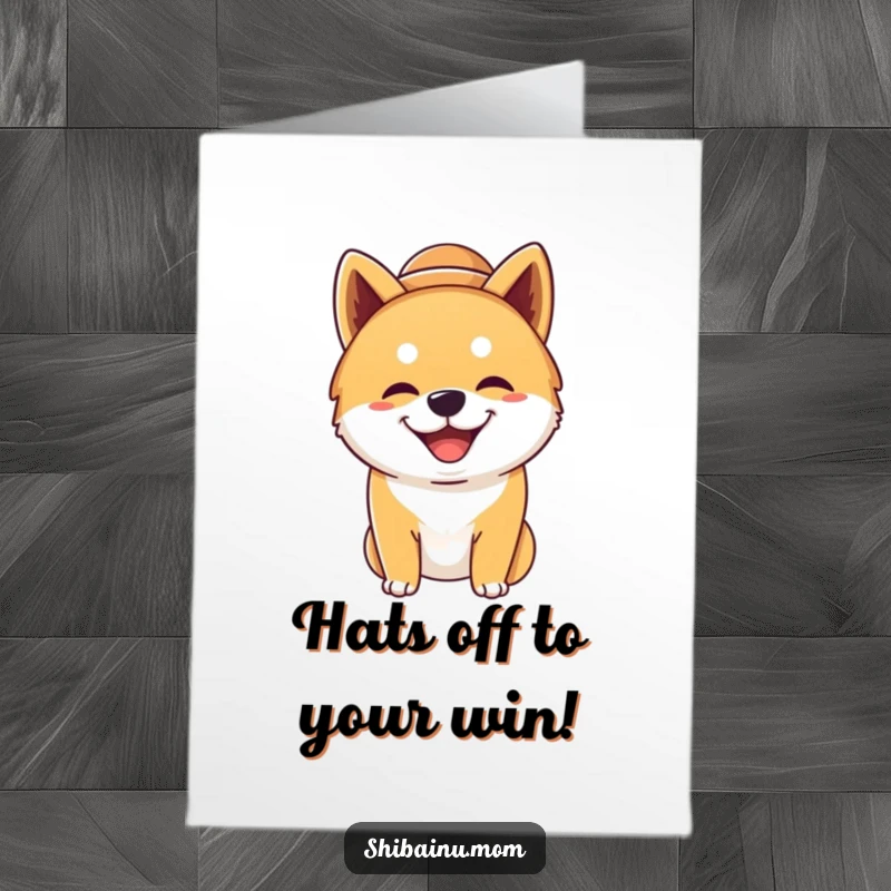 Funny Free Printable Shiba Inu Congrats Card: A Shiba Inu in an oversized hat grins widely, celebrating good news.