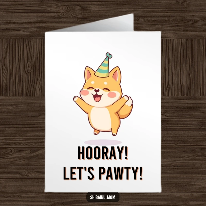 Funny Free Printable Congratulations Card: A Shiba Inu wearing a party hat jumps with uncontainable excitement.