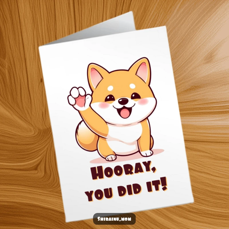 Funny Free Printable Congratulations Card featuring an excited Shiba Inu enthusiastically waving a small paw with a blur of tail.