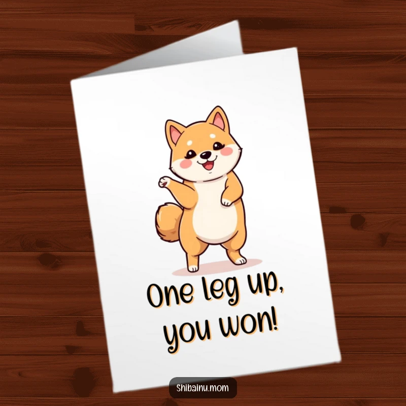 Funny Free Printable Congratulations Card: A happy Shiba Inu performing a lively dance with one leg lifted, celebrating an achievement.