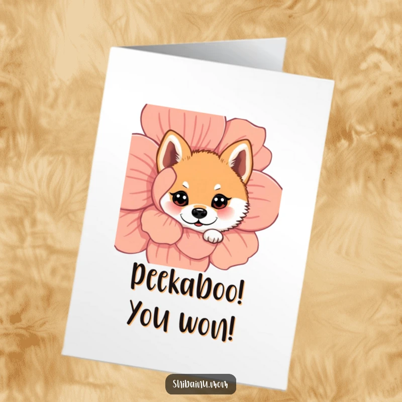 Funny Free Printable Shiba Inu Congrats Card: A cute dog peeking from behind a flower with wide eyes, celebrating your wonderful news.