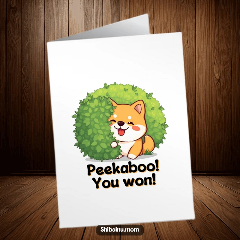 Funny Free Printable Congratulations Card: A cute Kawaii Shiba Inu giggling while peeking from behind a bush, celebrating success.