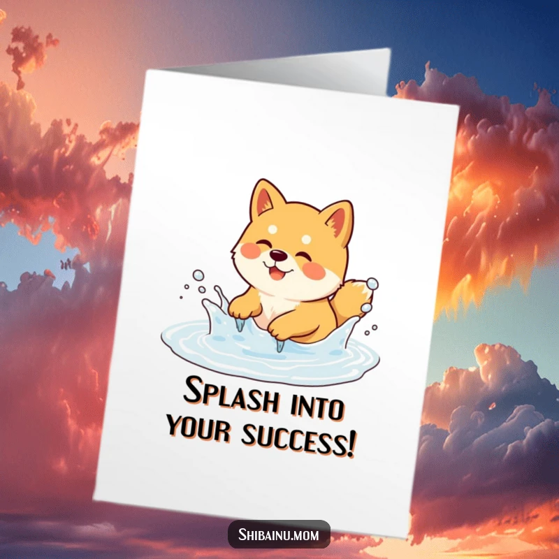 Funny Free Printable Shiba Inu Congratulations Card: a dog joyfully splashing in a bubbly puddle, celebrating success.