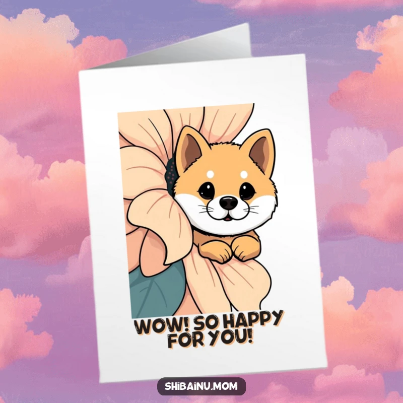 Funny Free Printable Congratulations Card: A Shiba Inu curiously peeks from the shelter of a massive, vibrant flower.