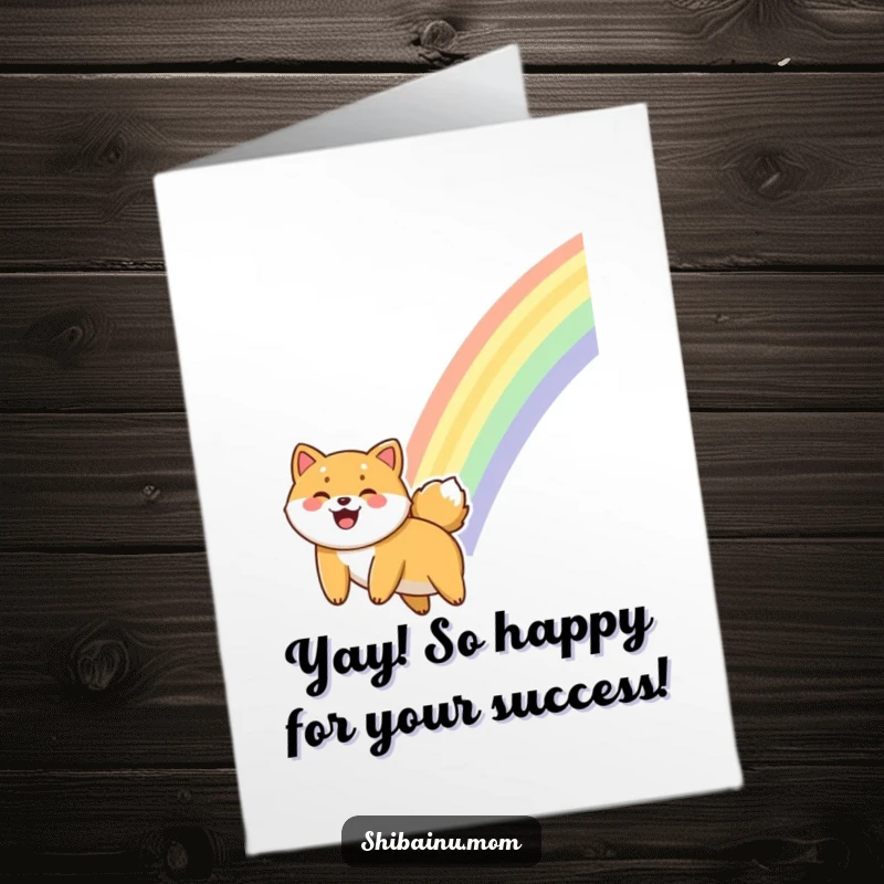 Funny Free Printable Giggling Shiba Inu Congratulations Card, a dog sliding down a rainbow, celebrating success, printable dog card.