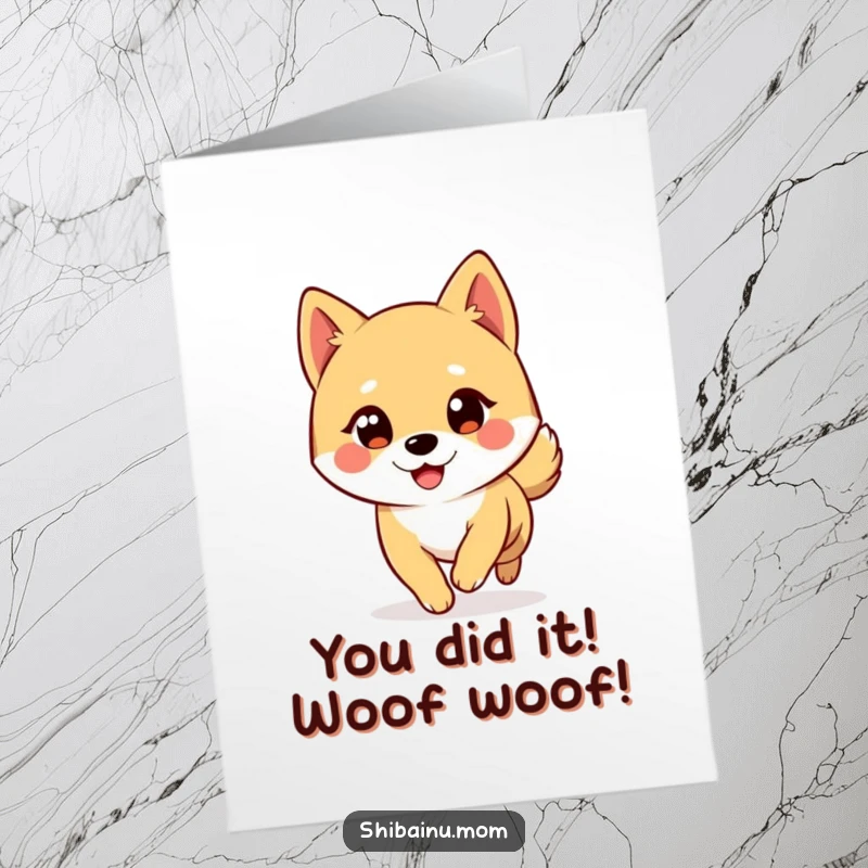 Free Printable Congratulations Card: A cute Shiba Inu winks while chasing its tail, perfect for celebrating achievements.