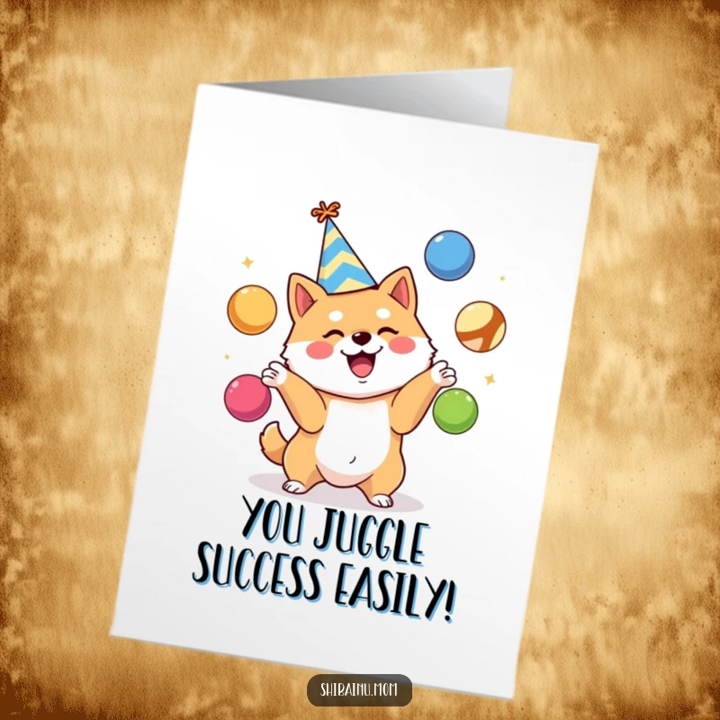Funny Free Printable Congratulations Card: An excited Shiba Inu in a party hat skillfully juggles three vibrant balls, celebrating wins.