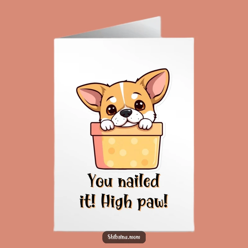 Free Printable Dog Congrats Card: Funny Alert Ears Dog in Gift Box Downloadable
