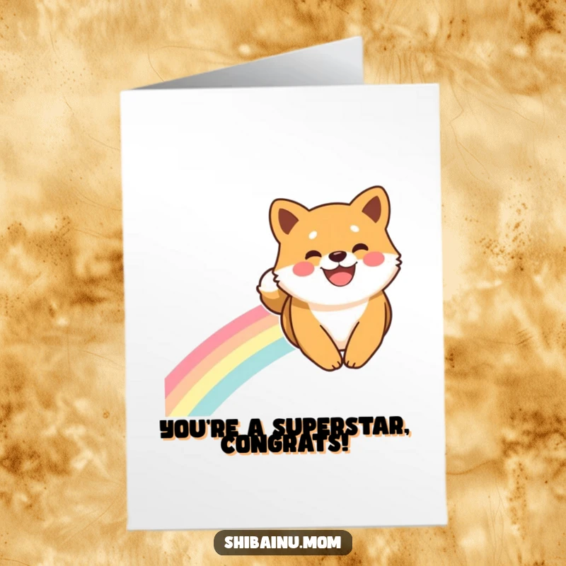 Funny Free Printable Congratulations Card: A happy Shiba Inu slides down a beautiful rainbow with a huge smile.