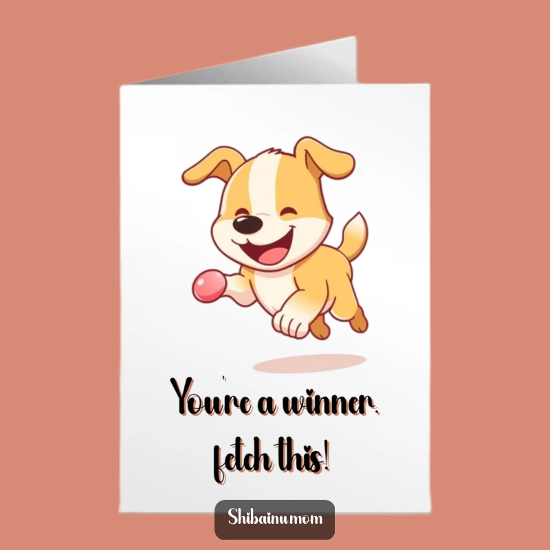 Free Printable Dog Congrats Card: Energetic Grinning Dog with Ball Downloadable Celebration