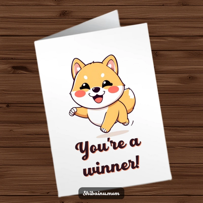 Funny Free Printable Congratulations Card: A happy Kawaii Shiba Inu with a goofy expression running with pure unadulterated joy.