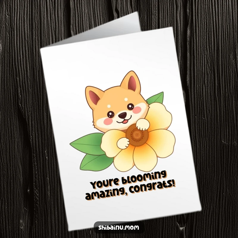 Free printable congrats card featuring a Shiba Inu character playfully peeking out from the cover of a big, bright flower.