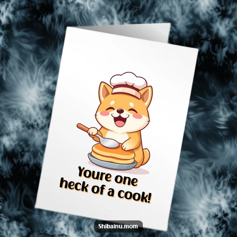 Free printable congrats card showing a Shiba Inu chef enthusiastically flipping a pancake with a tiny hat on.