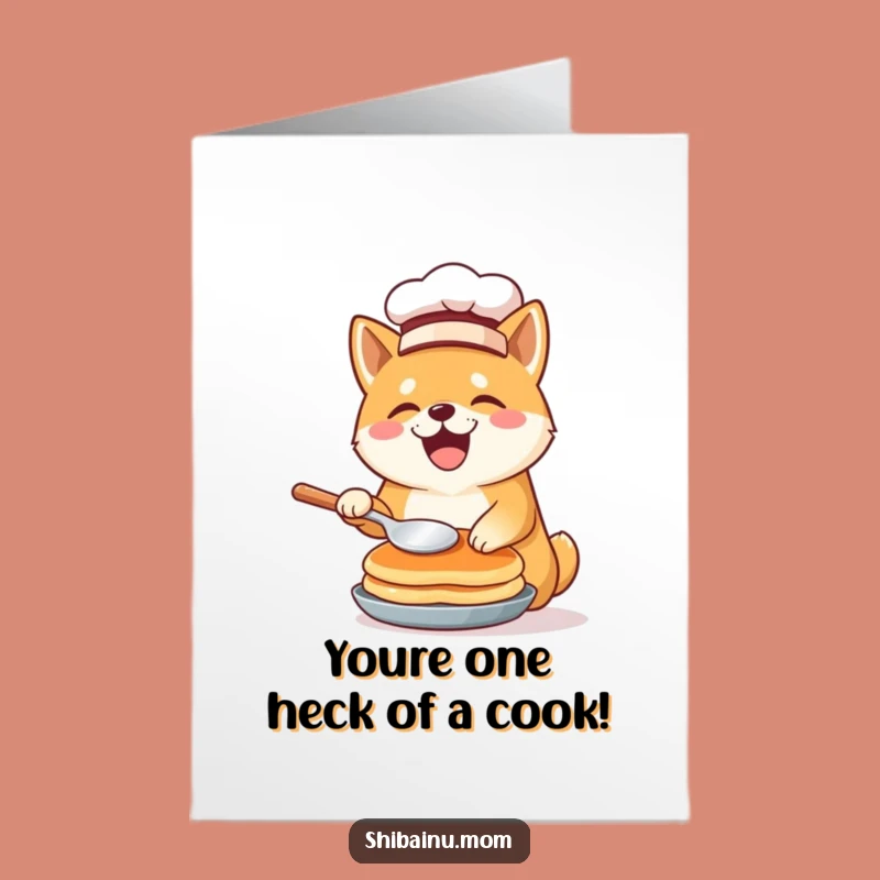 Free Printable Chef Shiba Inu Congrats Card: Pancake Flip, Funny Downloadable Gift for Culinary Wins