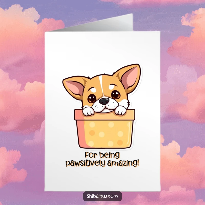 Funny Free Printable Thank You Card: Alert dog curiously peeking from a gift box, conveying thanks with humor and charm.