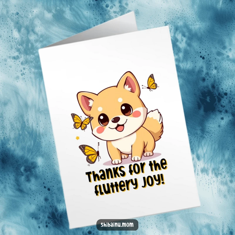 Funny Free Printable Thank You Card: Kawaii Shiba Inu with big, expressive eyes chasing a butterfly.