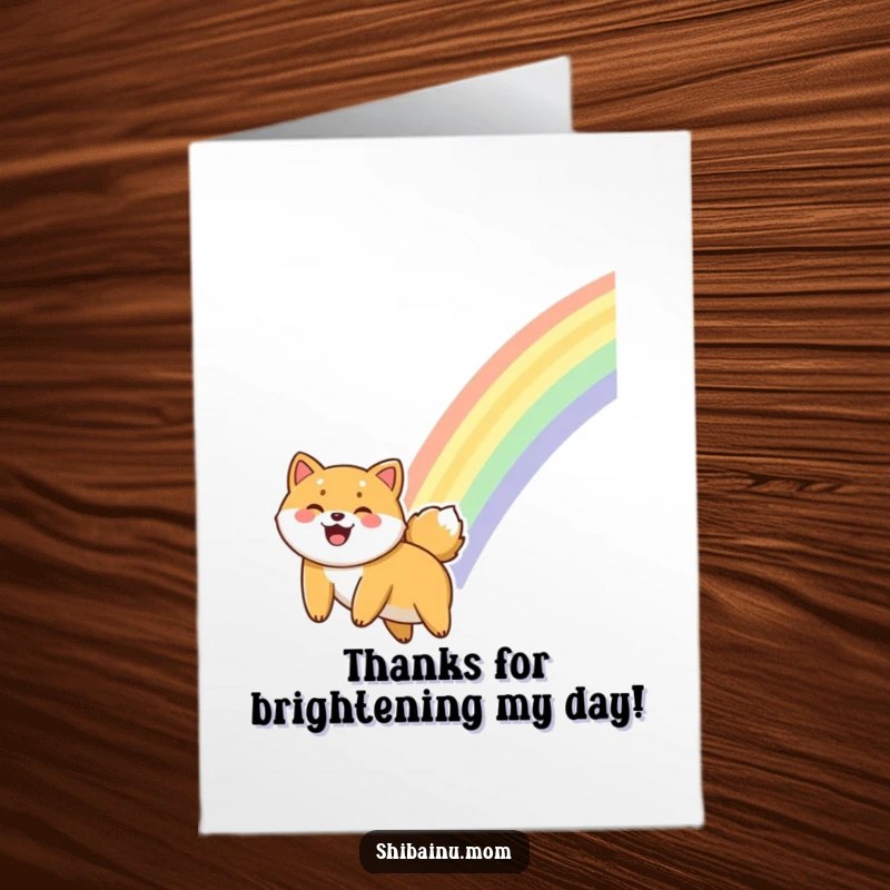Funny Free Printable Giggling Shiba Inu Thank You Card, a dog sliding on a rainbow, expressing thanks, printable dog card.