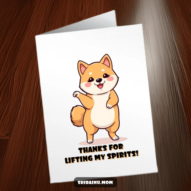 Funny Free Printable Thank You Card: A Shiba Inu dancing with one leg lifted, expressing thanks with a playful and unique gesture.